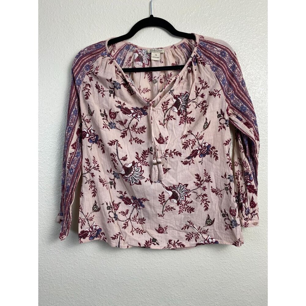 Lucky Brand Live in Love Pink Floral Peasant Blouse Top Size XS Boho‎ Prairie